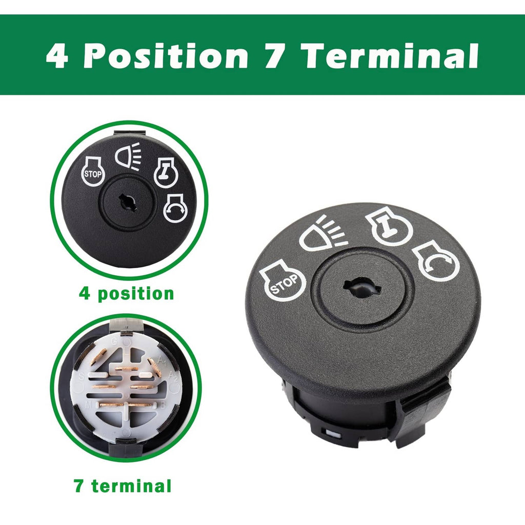 Lawn mower ignition switch with 7-terminal connector, side view