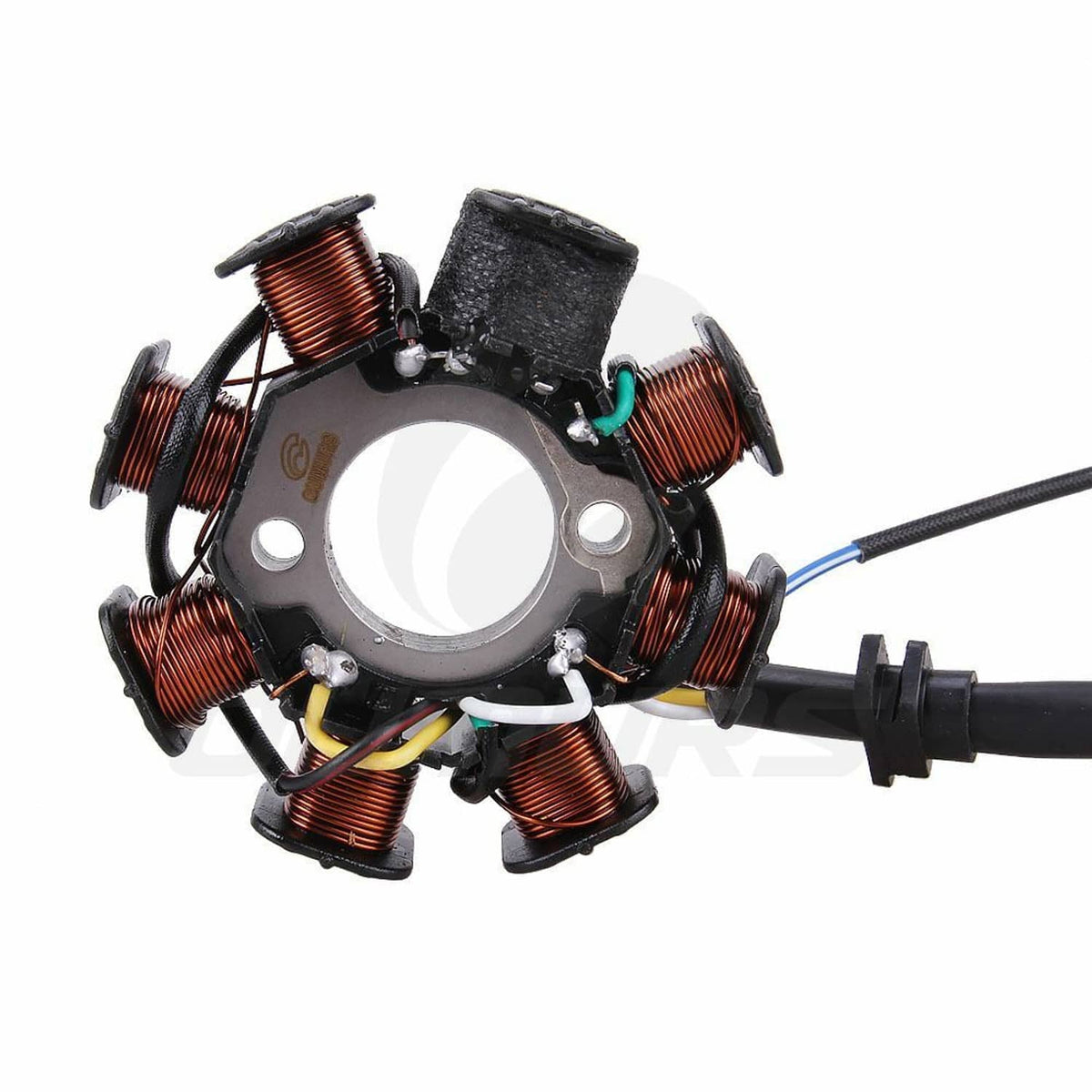 8-pole magneto stator with copper windings, black regulator block, and wire terminals