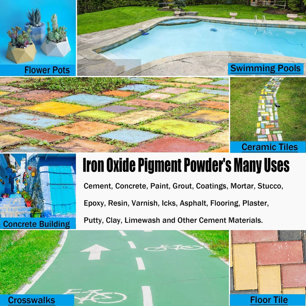 Iron oxide pigment powder used for colorful surfaces like walkway, pool, tiles, and concrete