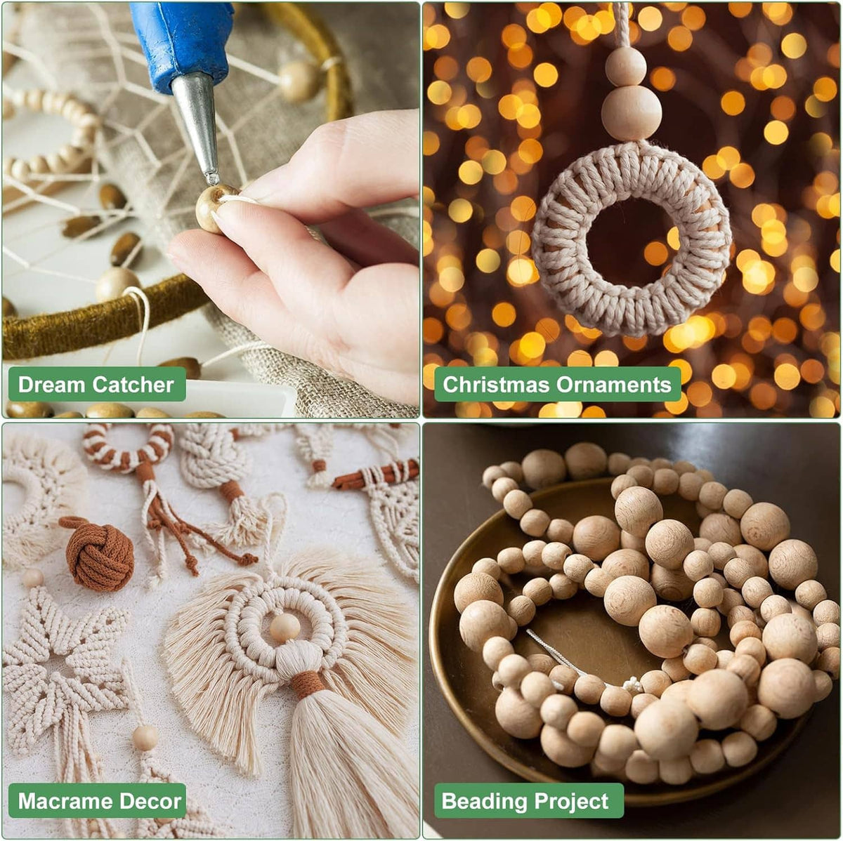 Natural wood spacer beads shown for crafting and beading, round unfinished wood with holes