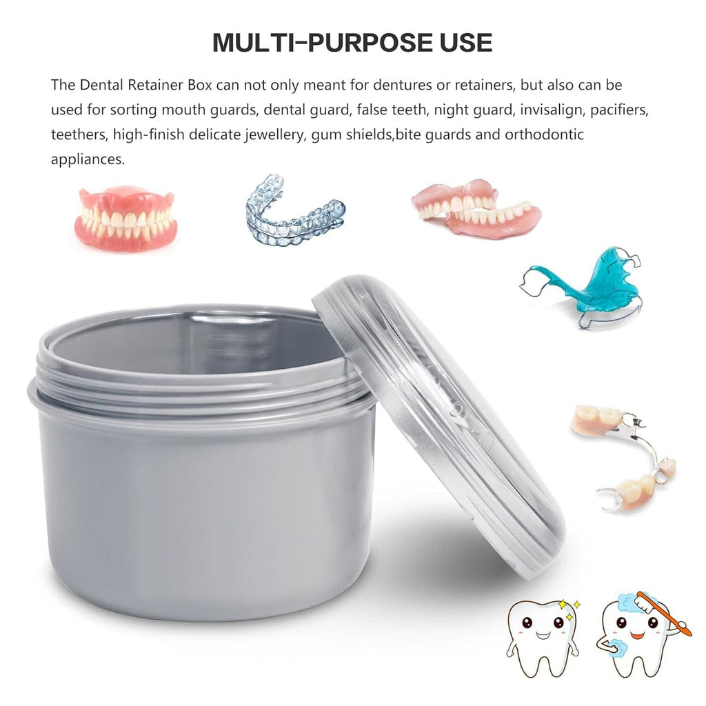Gray denture retainer bath cup with transparent lid and hinged handle, open view.