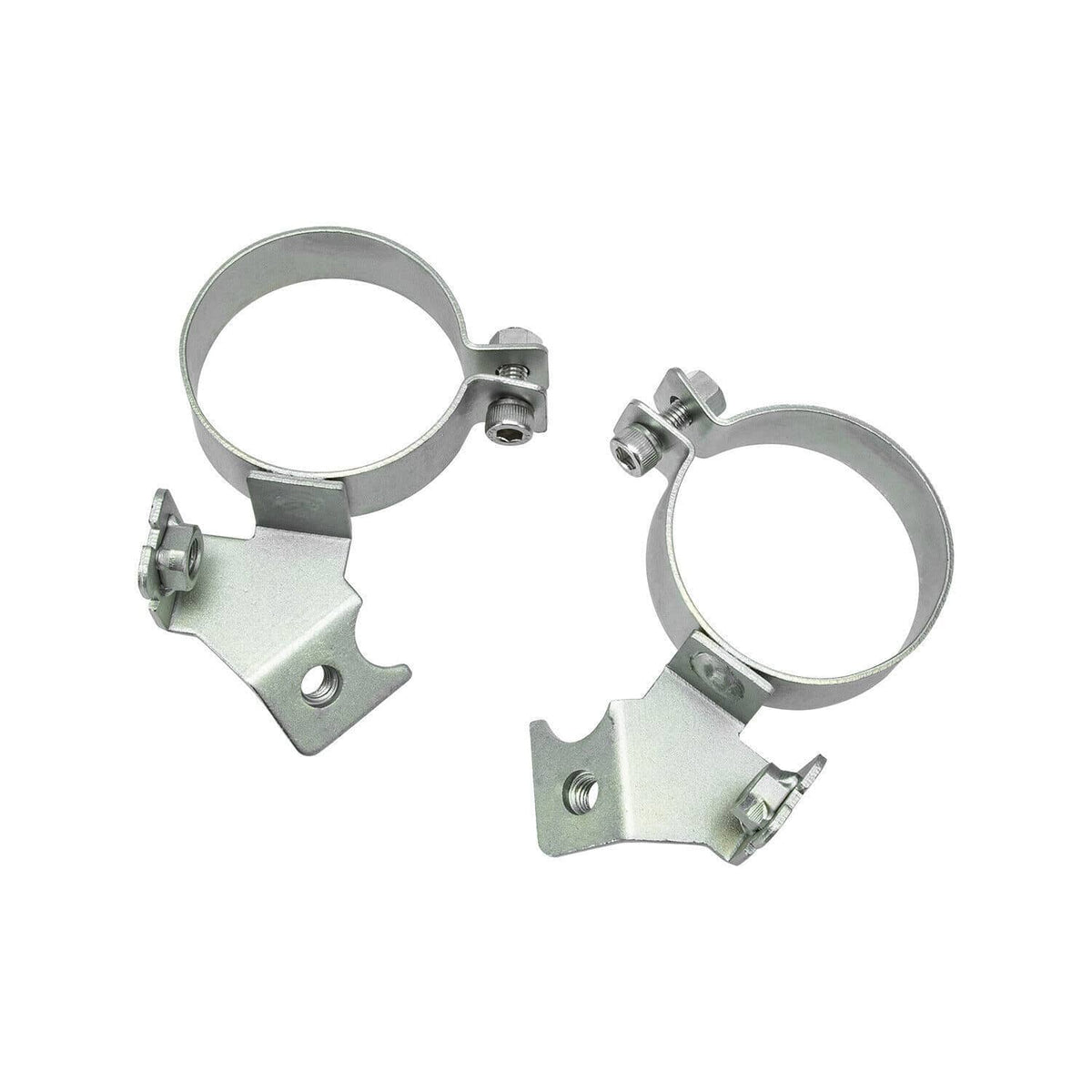 Silver metal hose/strut clamps with bolt holes and circular mounting bands