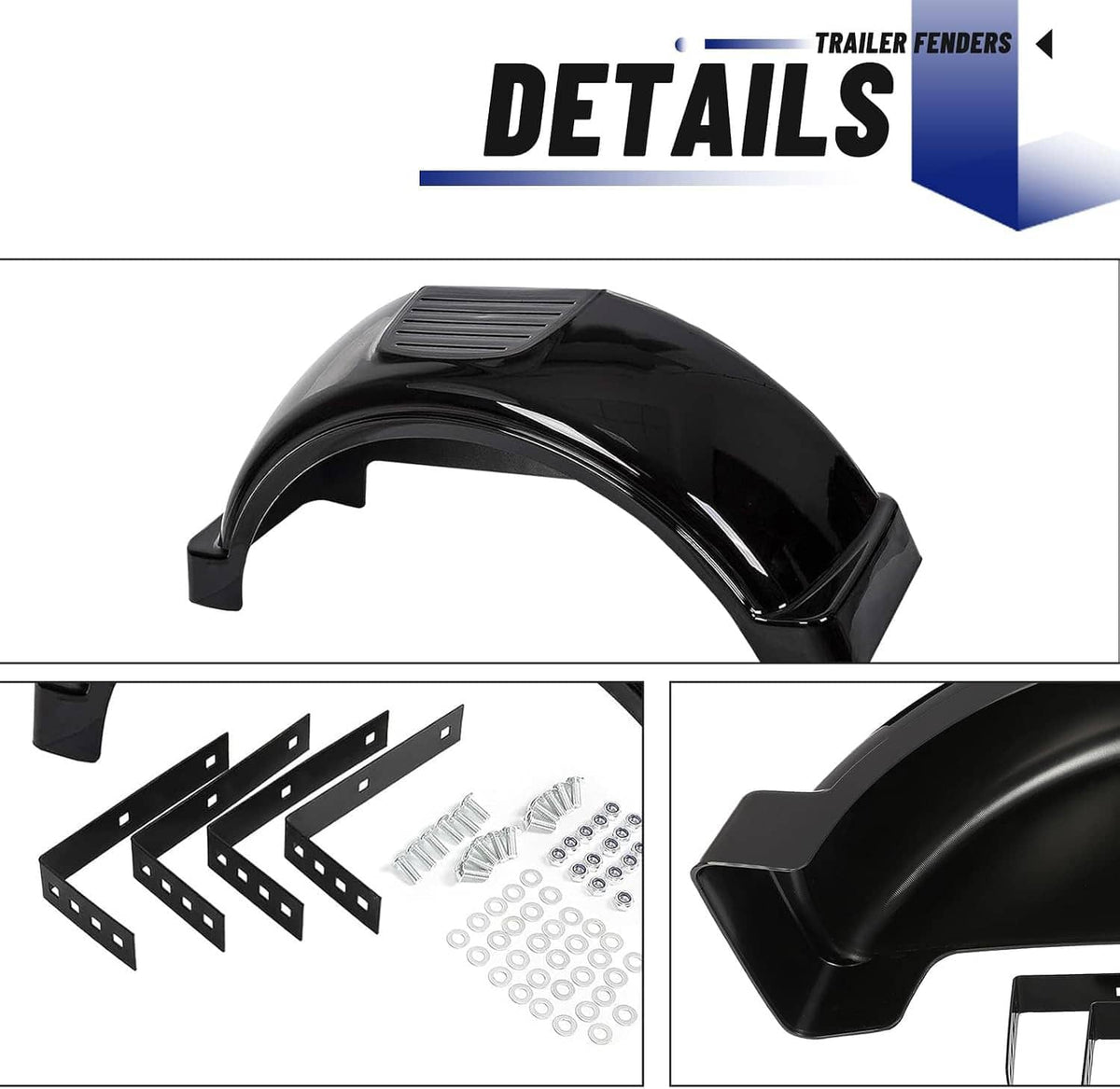 Black trailer fender with ridged step top and flat mounting flanges for bolt-on install