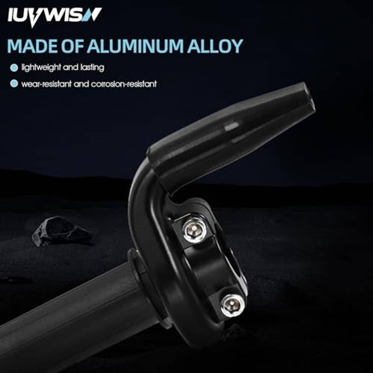 Black throttle housing with aluminum alloy cable end and clamp bolts
