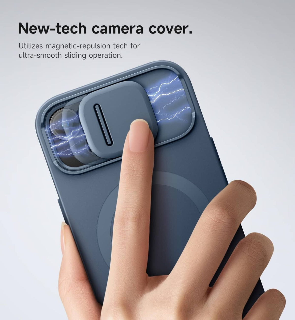 Blue iPhone case close-up with sliding camera cover and raised camera cutout
