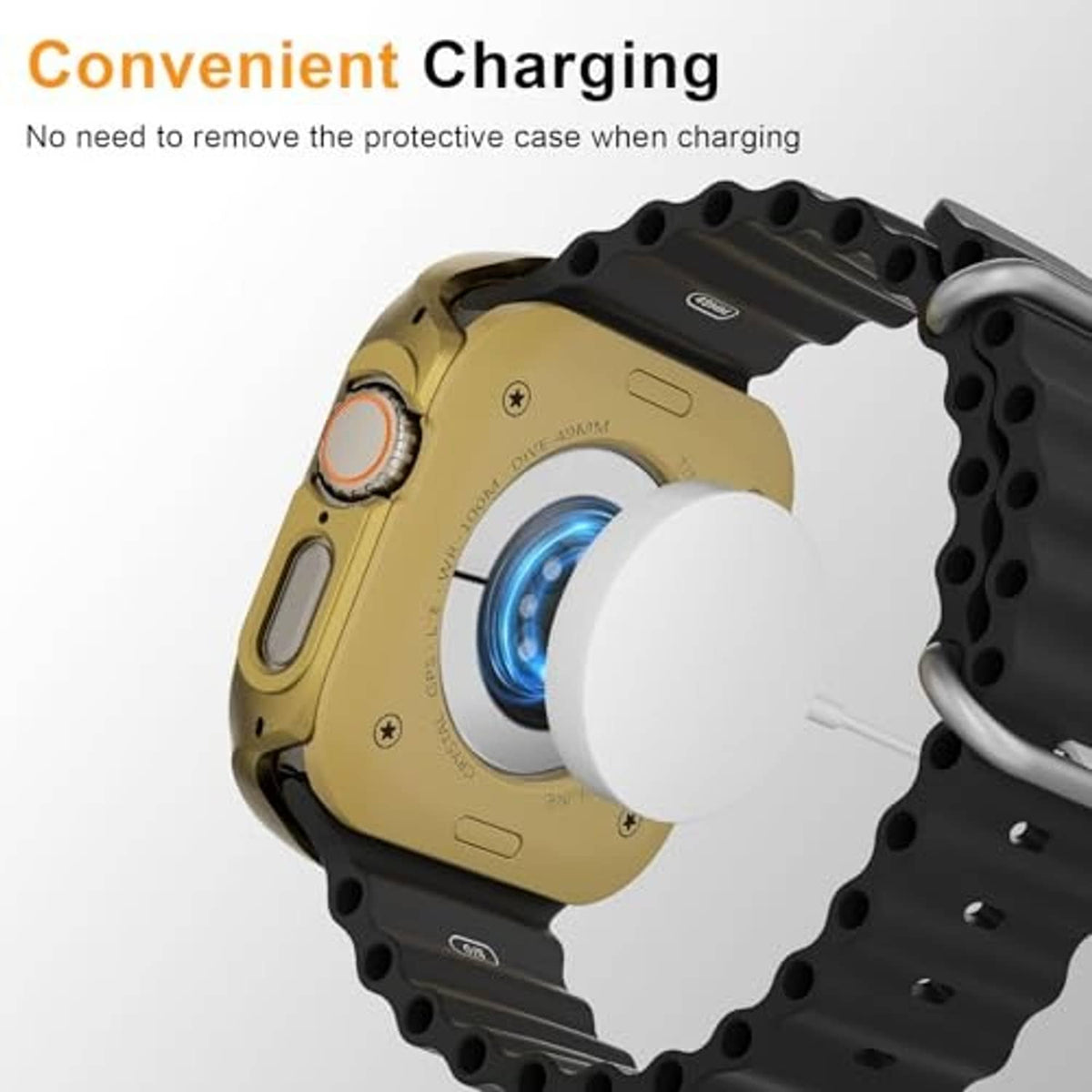 Gold metal case and black silicone strap with charging opening for Apple Watch Ultra 49mm.