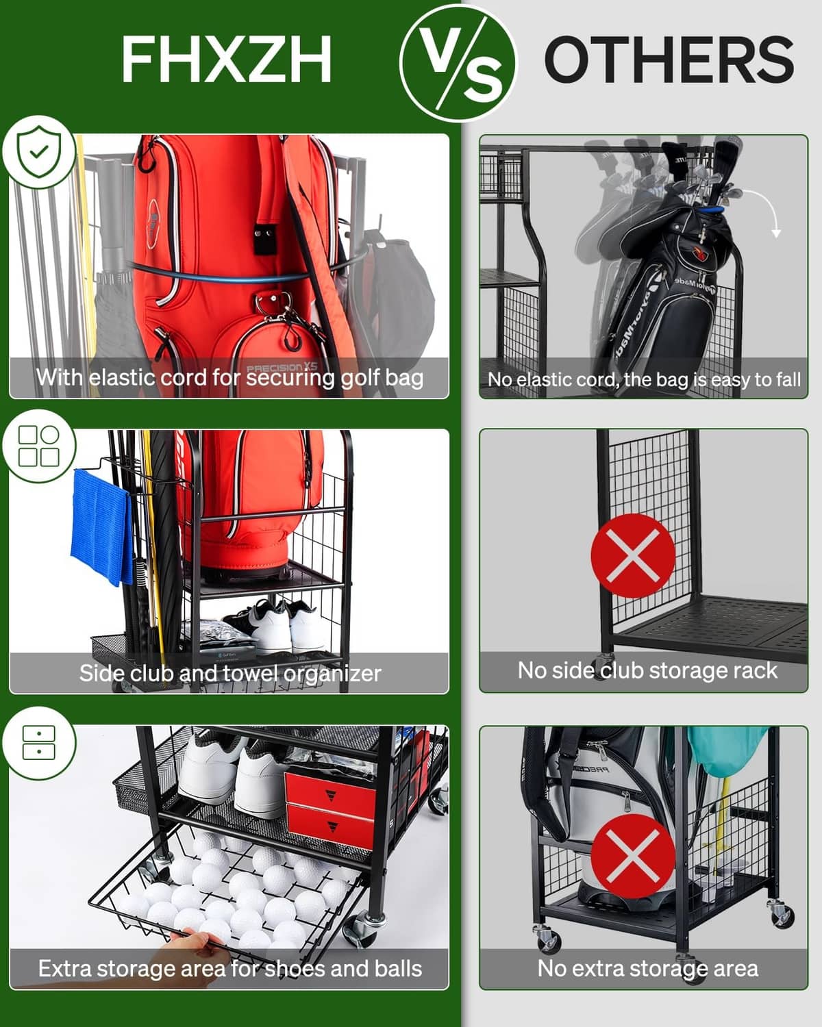 Golf bag storage rack comparison panel showing red bag on black rack with elastic cord