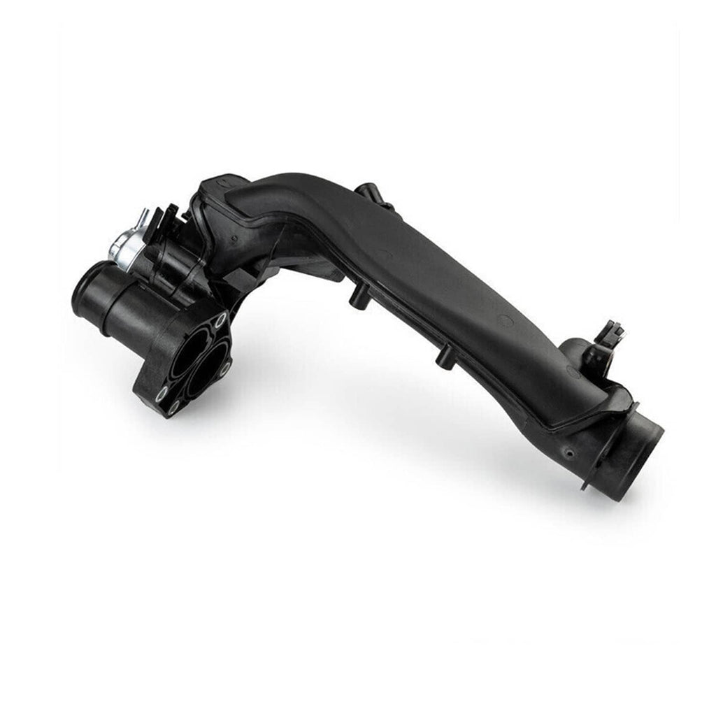 Black charge air pipe joint with connected hoses and mounted circular inlet