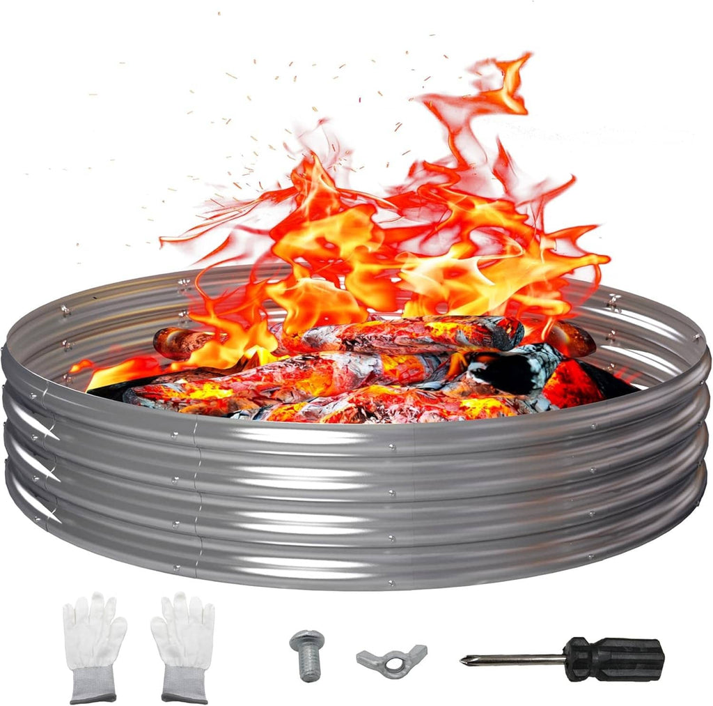 Round galvanized fire pit ring with intense flames and glowing embers