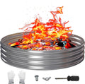 Round galvanized fire pit ring with intense flames and glowing embers