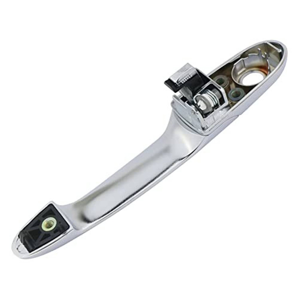 Chrome exterior door handle with open back housing, mounting holes, and connector parts