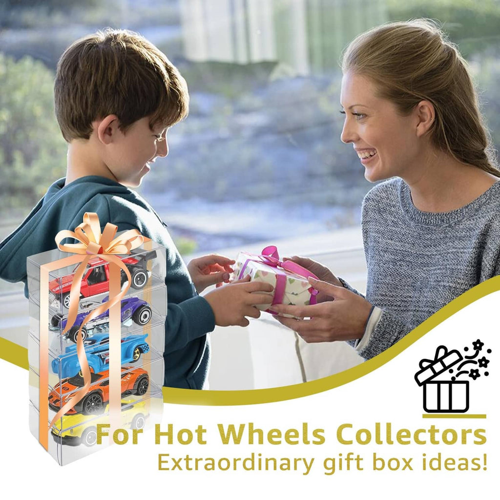 Clear 1/64 scale car display case gift box with ribbon and toy cars