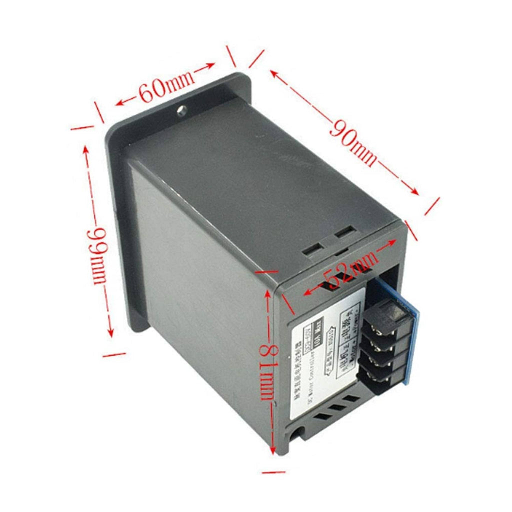 DC motor speed controller with blue terminal block and side dimensions markings