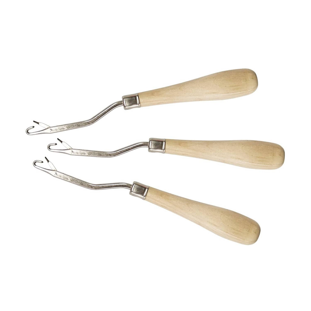 Three latch hook tools with silver bent hooks and pale wood grips, angled view