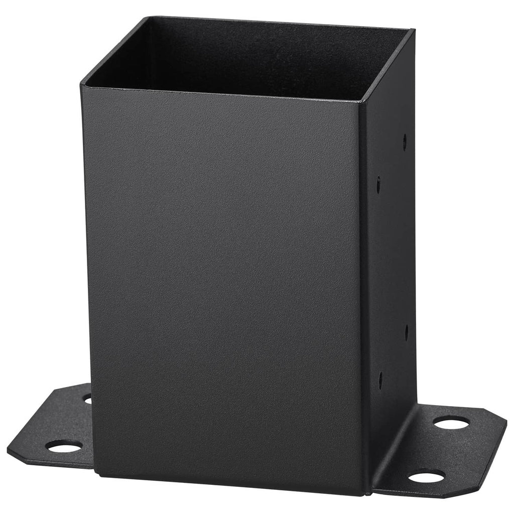 Black steel post base bracket with flat feet and side mounting holes
