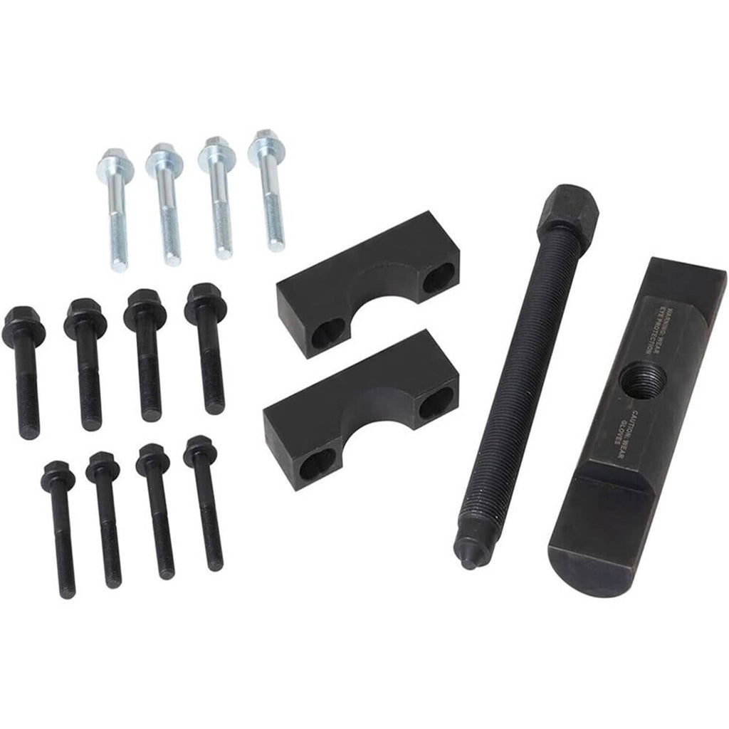 Yoke puller tool kit with puller body, threaded forcing screw, and spacer pins