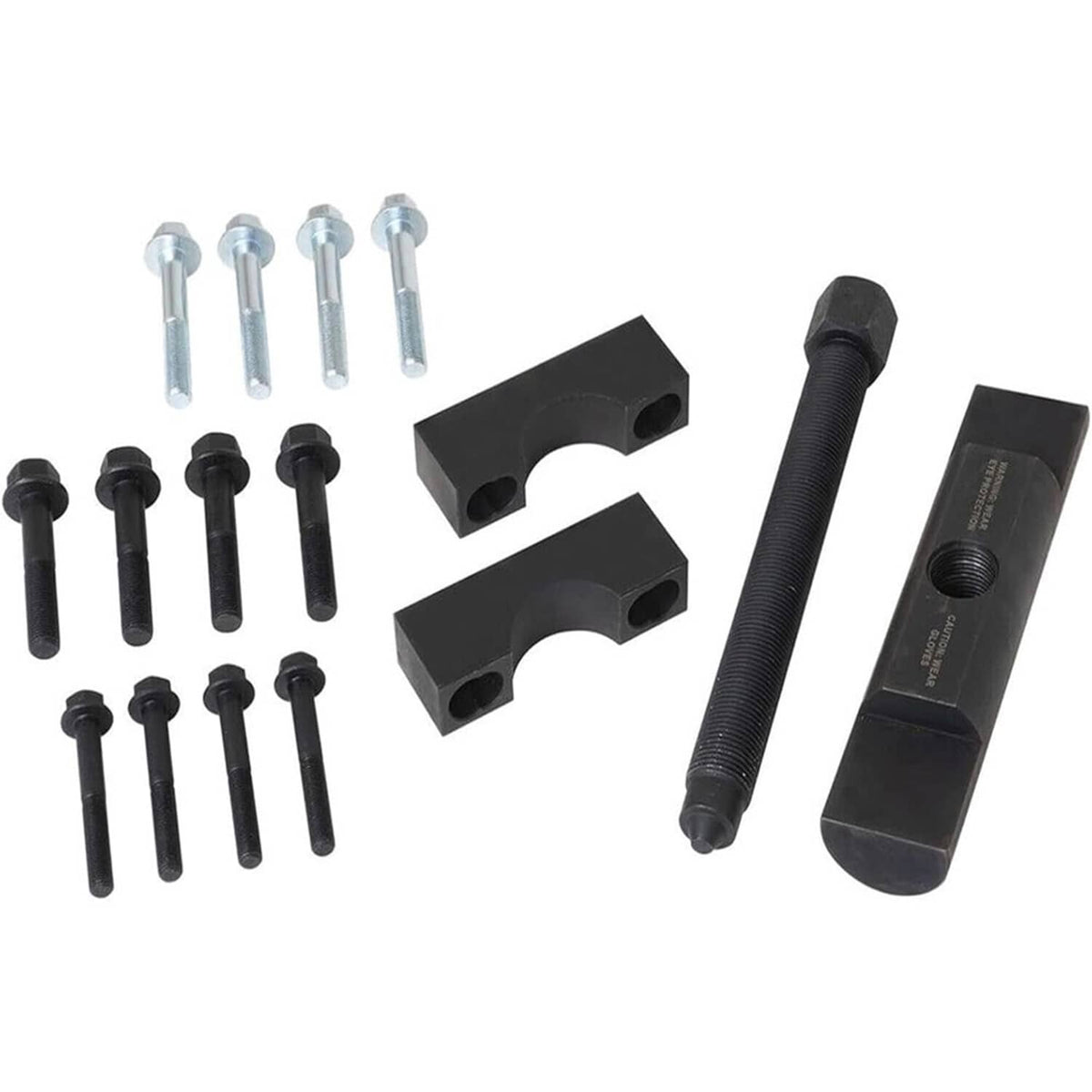 Yoke puller tool kit with puller body, threaded forcing screw, and spacer pins