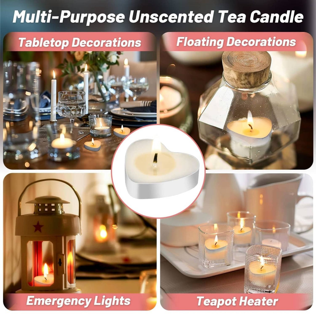 Small white heart tea candles in metal holders, for tabletop and floating decor