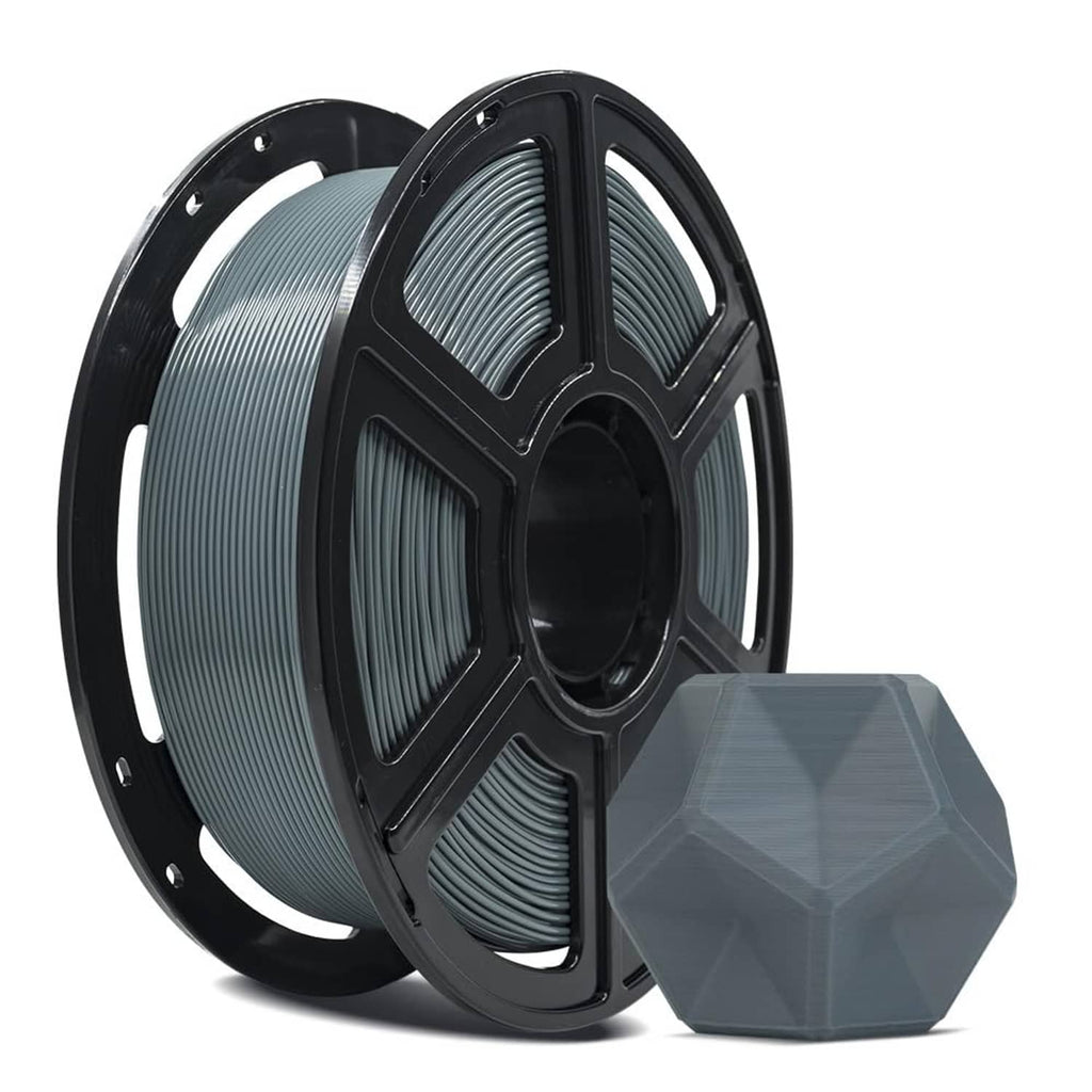 Grey PLA filament spool with visible windings, includes small grey sample block