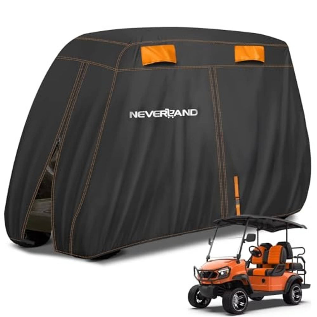 Black golf cart cover with orange top handles and NEVERLAND logo for 4 passenger cart