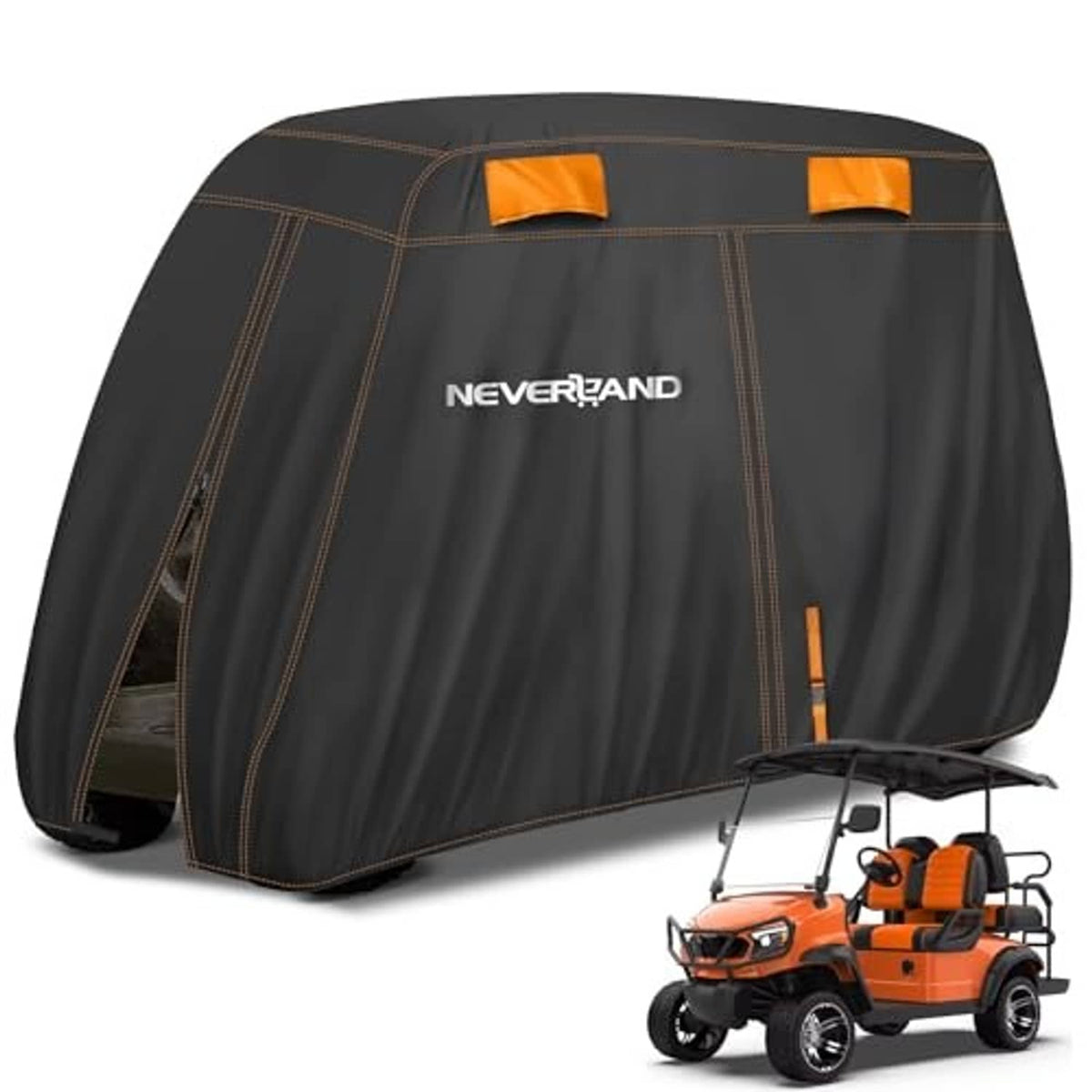 Black golf cart cover with orange top handles and NEVERLAND logo for 4 passenger cart