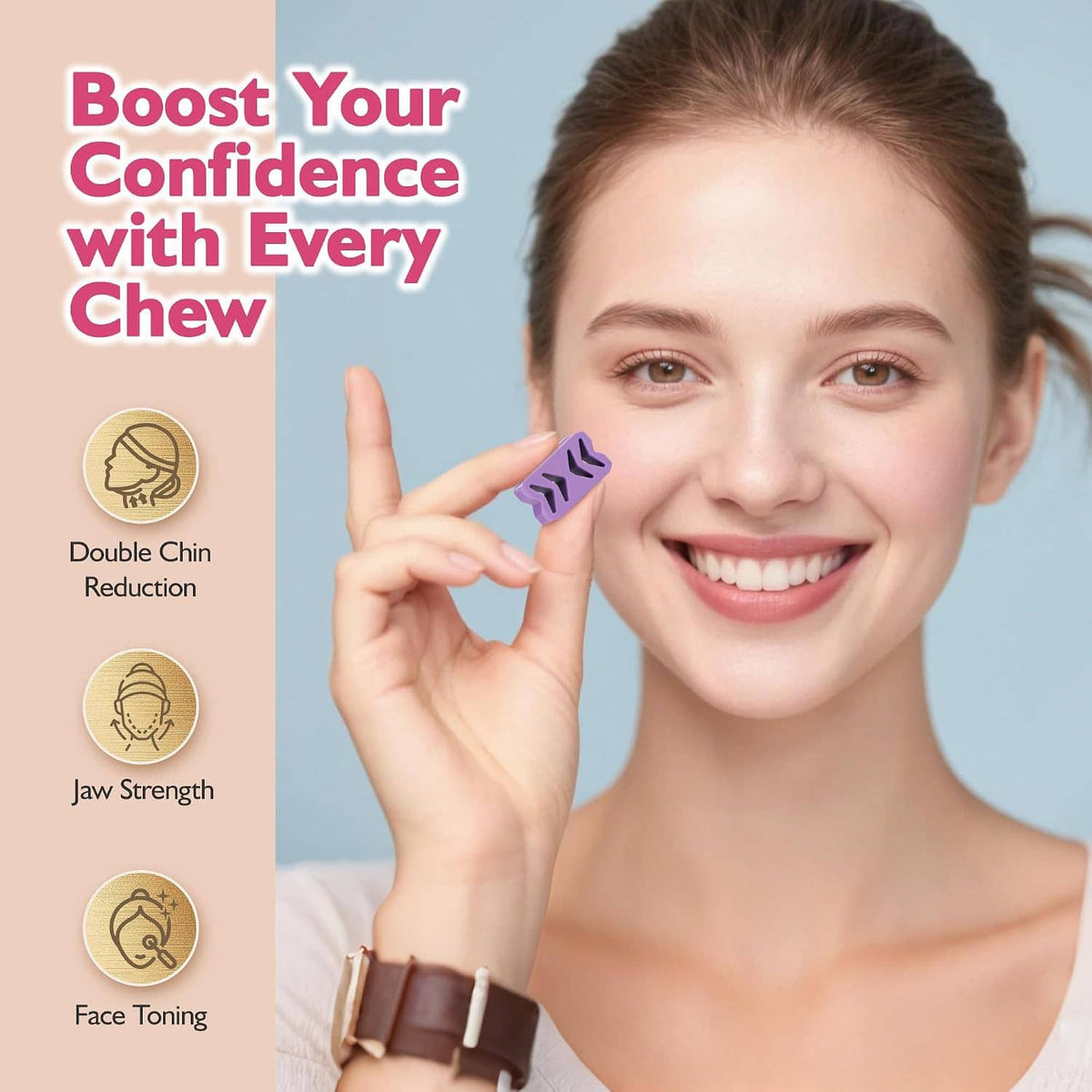 Purple silicone jaw exerciser piece positioned at teeth for resistance chewing