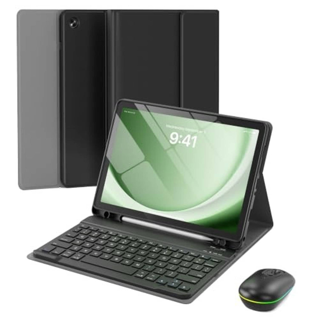 Dark black folio tablet case with foldable keyboard stand and wireless mouse