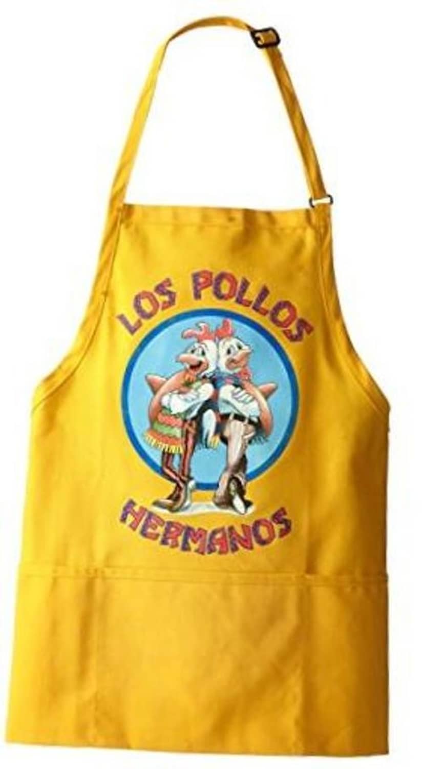 Men's yellow Los Pollos Hermanos apron with cartoon logo, front pocket and straps