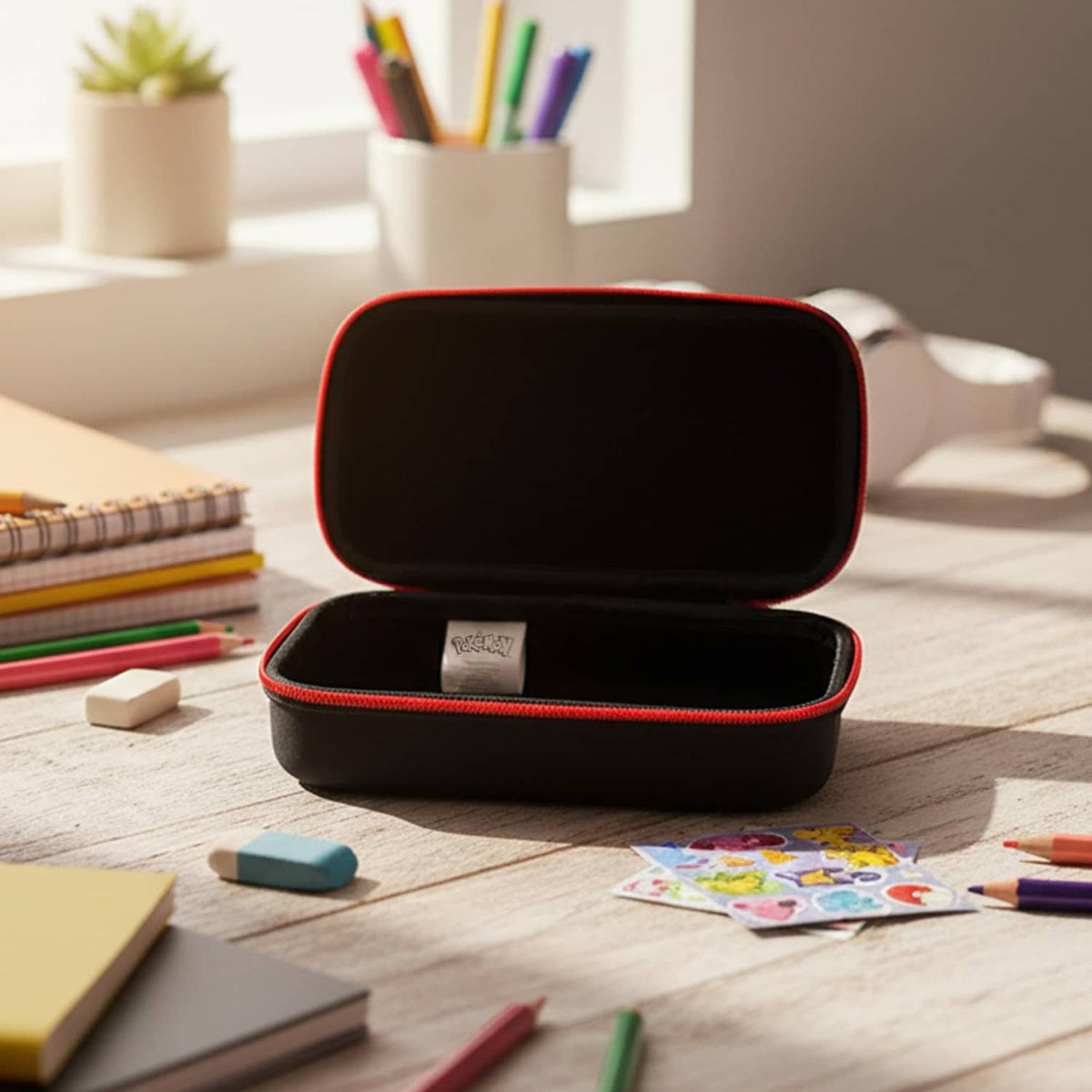 Open black pencil case with red zipper trim and gray interior label patch