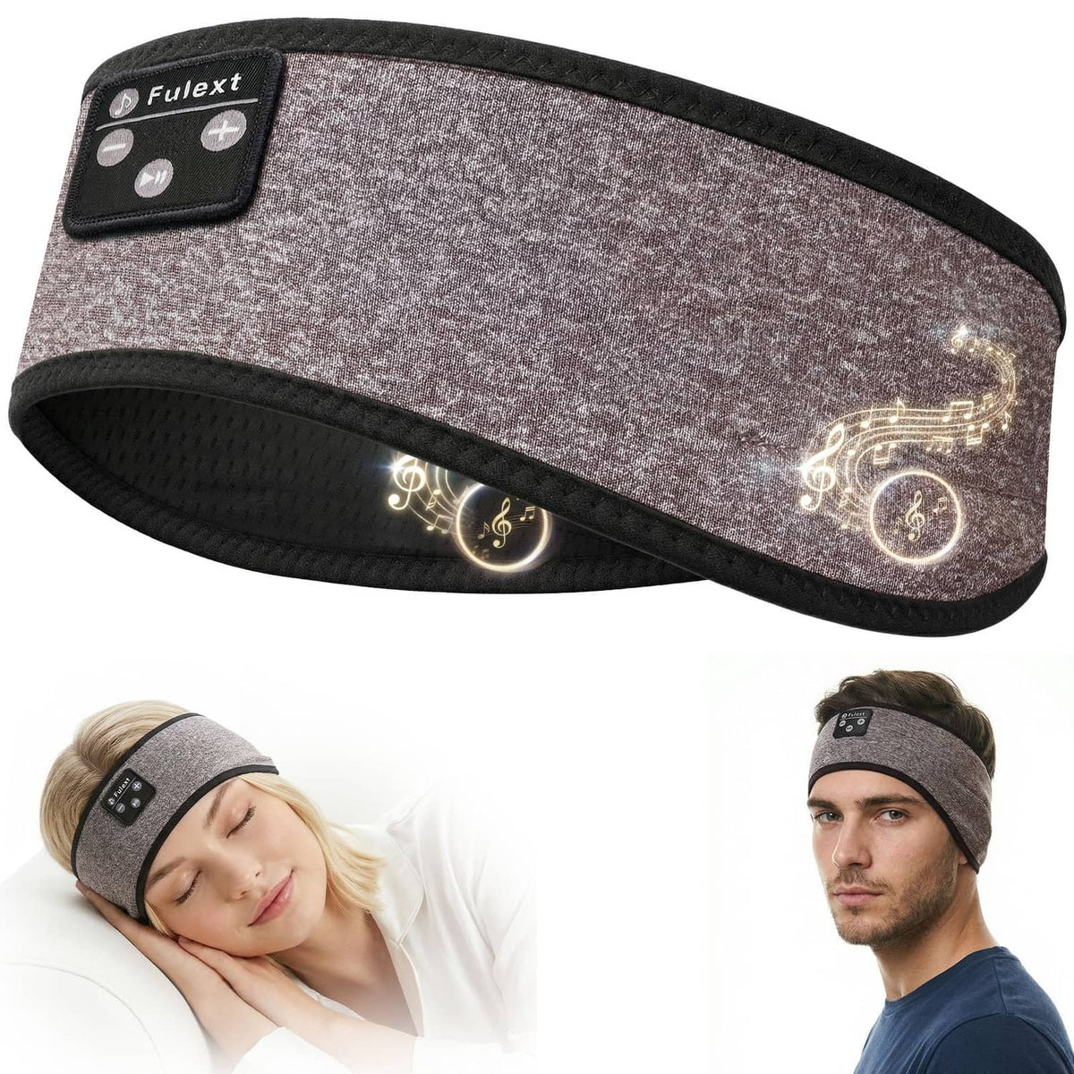 Fulext dark heather sleep headphone headband with black control panel and music notes