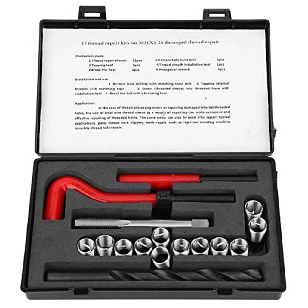17-piece thread repair kit for damaged threads, with red handles, taps, and insert set in case