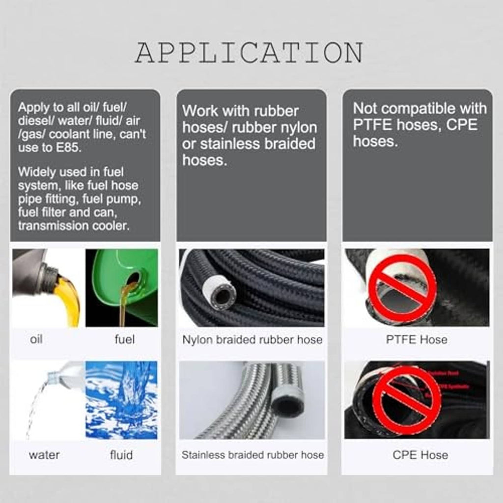 Black 10AN female to 3/8" barb hose adapter shown with application icons