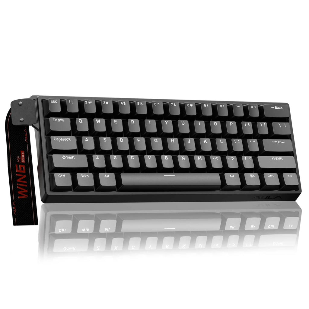 Black 60% gaming keyboard with key legends and LED bar, side view on white