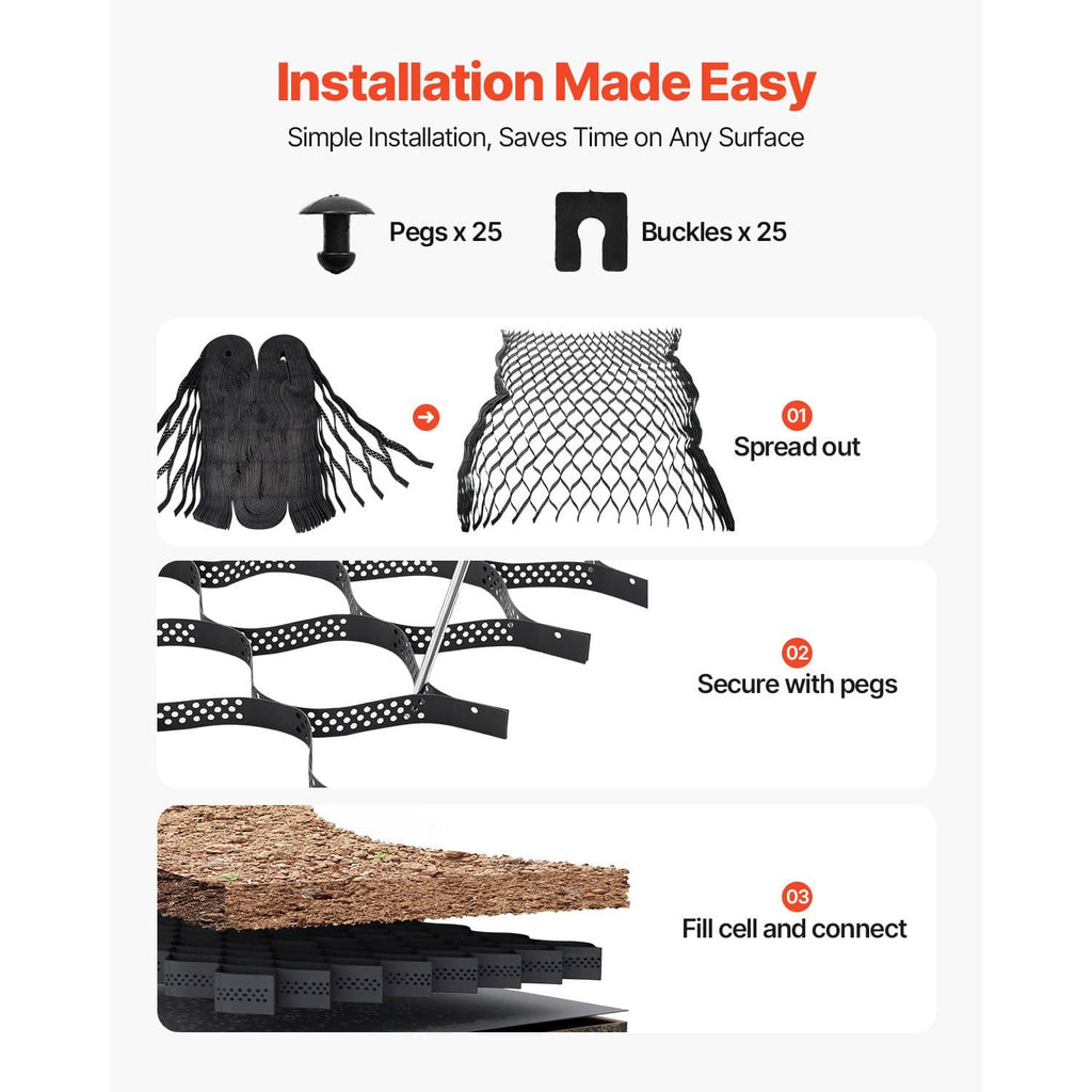 Geocell grid installation kit with pegs, buckles, and connected straps.