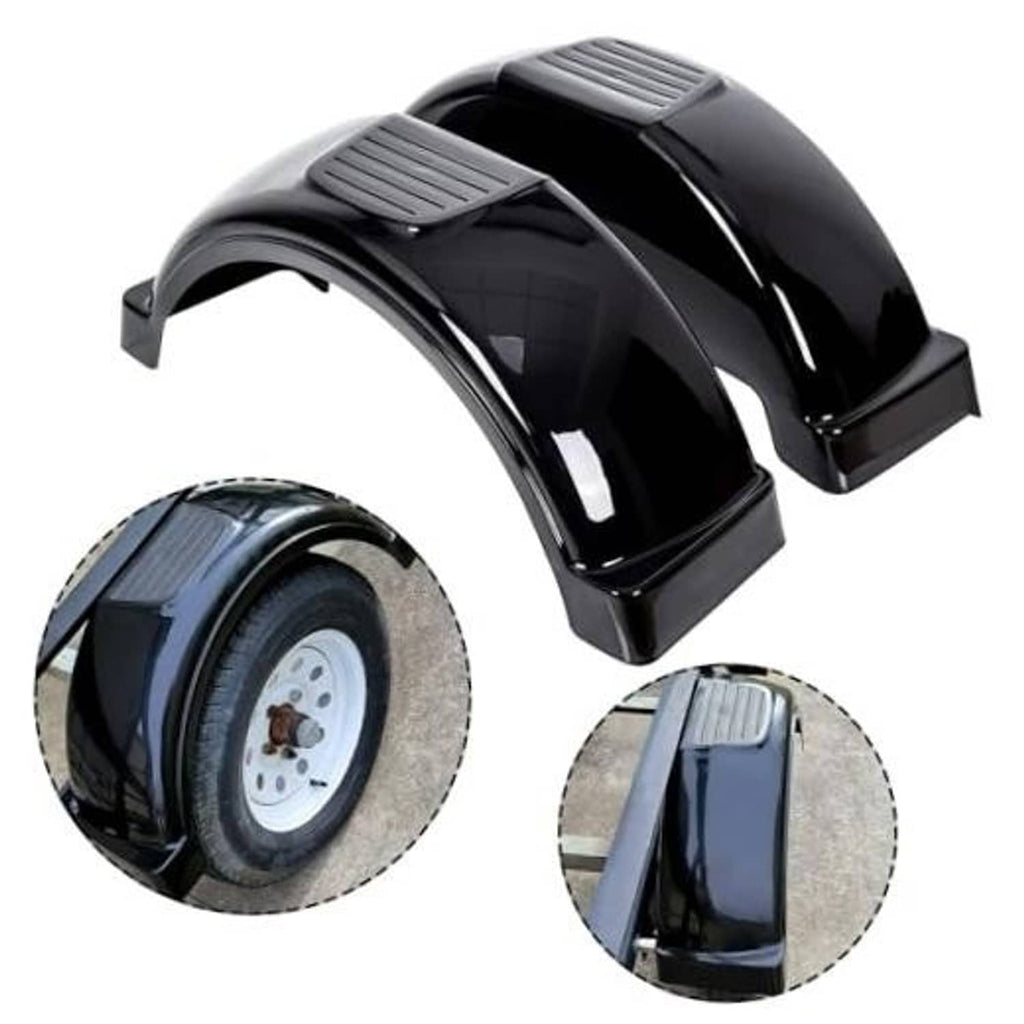 Black curved trailer fenders with ribbed step pads for wheel protection