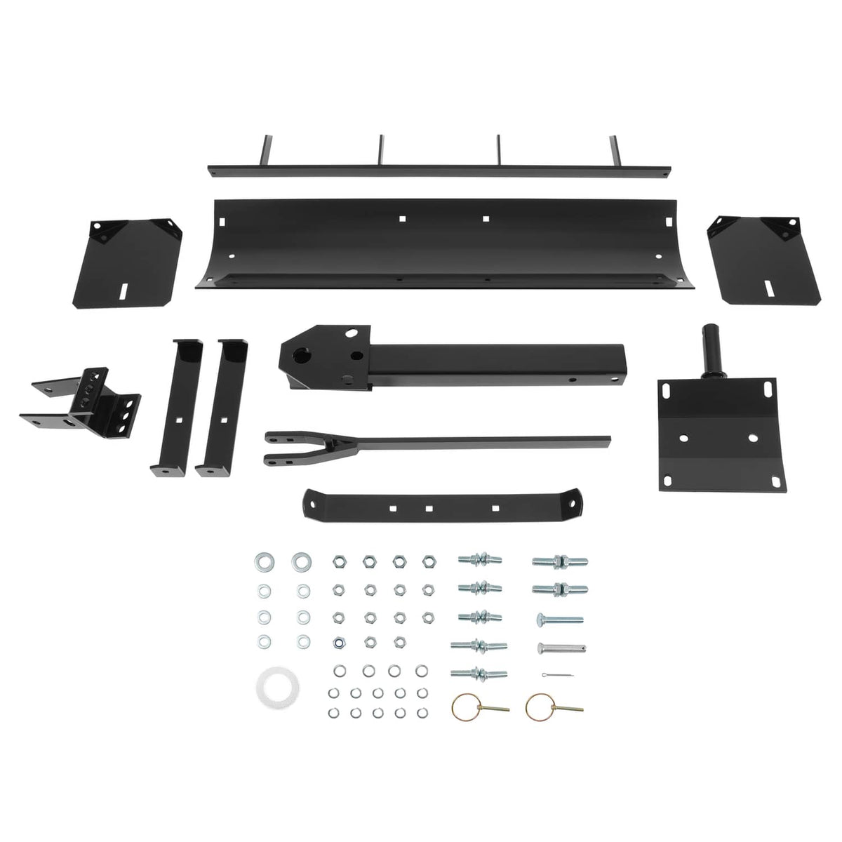 Box scraper blade parts kit with black panels, brackets, and fasteners for assembly