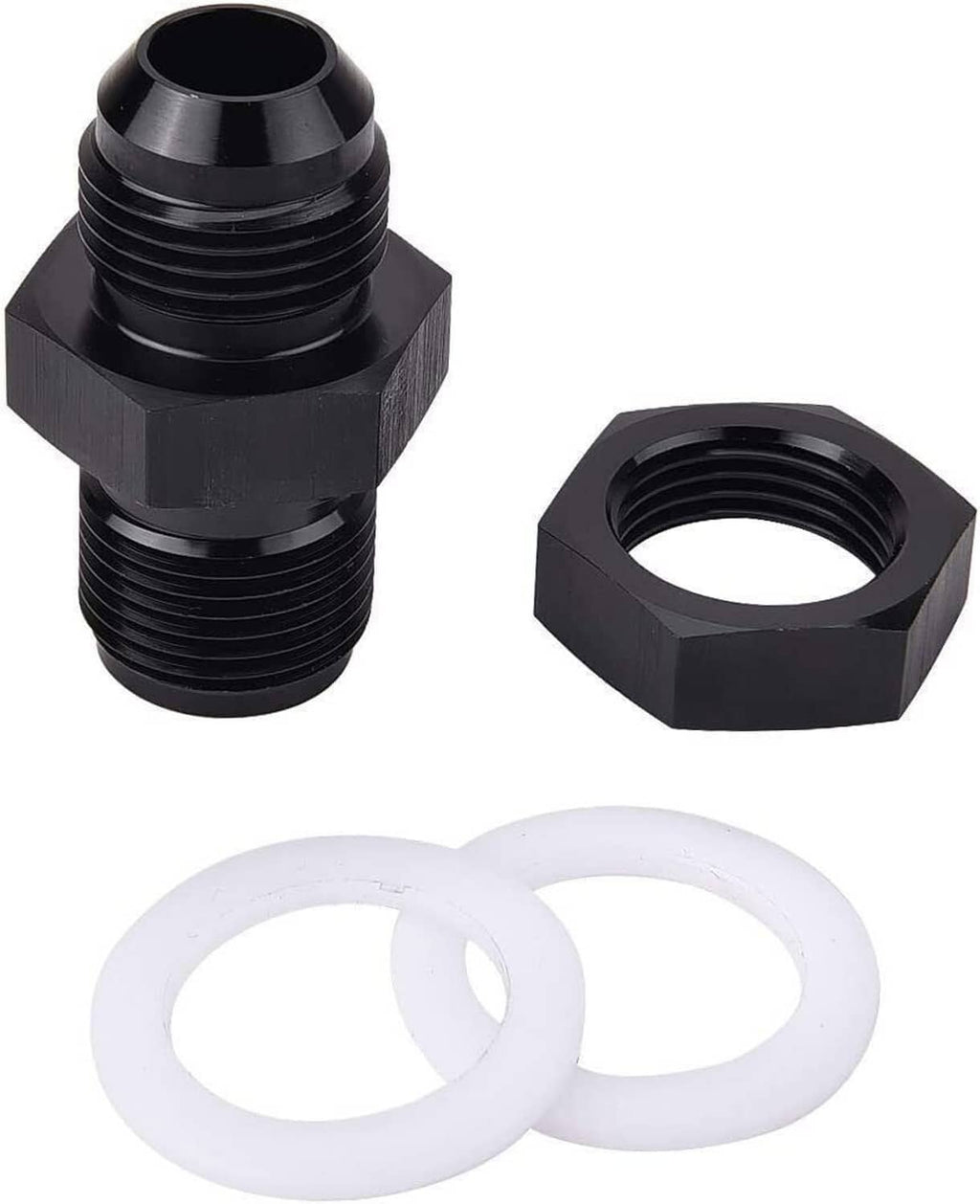 AN bulkhead fitting adapter set with black hex nut and two white PTFE washers