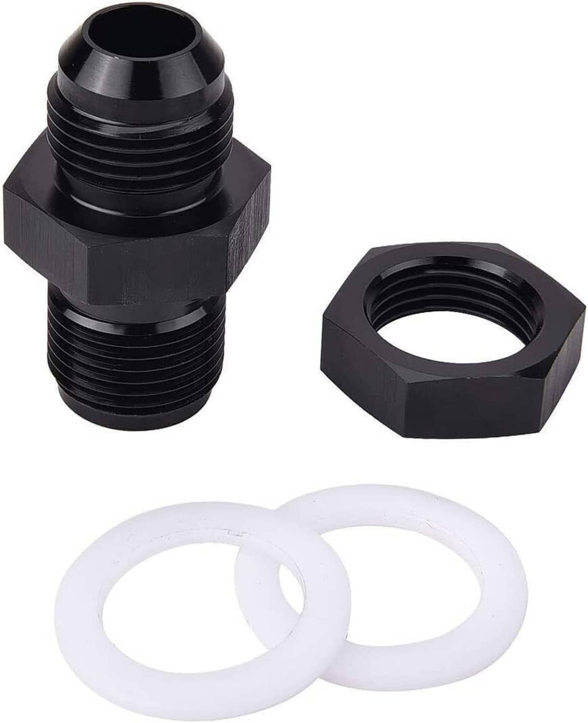 AN bulkhead fitting adapter set with black hex nut and two white PTFE washers