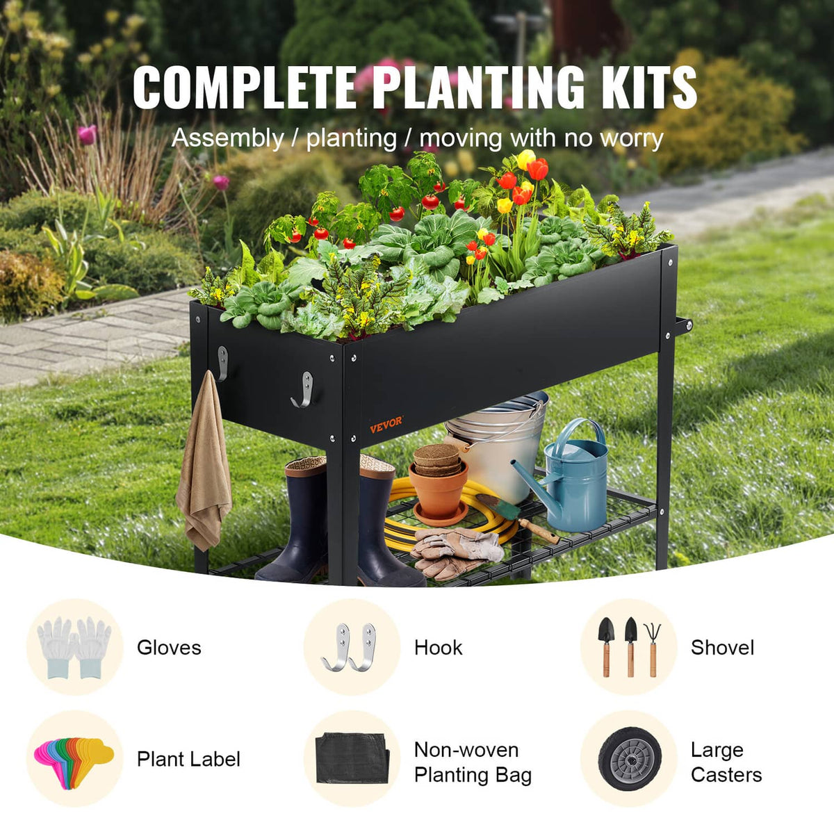 Black galvanized steel raised garden bed planter box with side hooks and lower wire shelf