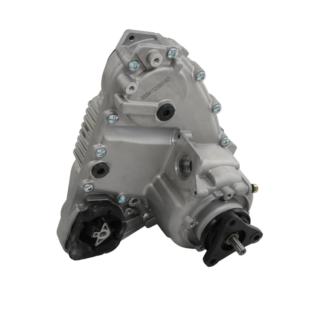 Transfer case assembly angled rear view, gray body with black rubber bushing
