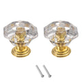 Set of 2 crystal cabinet knobs, clear faceted top with gold base and mounting screws