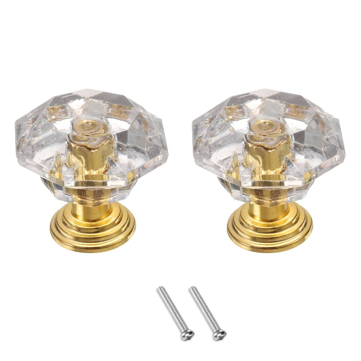 Set of 2 crystal cabinet knobs, clear faceted top with gold base and mounting screws