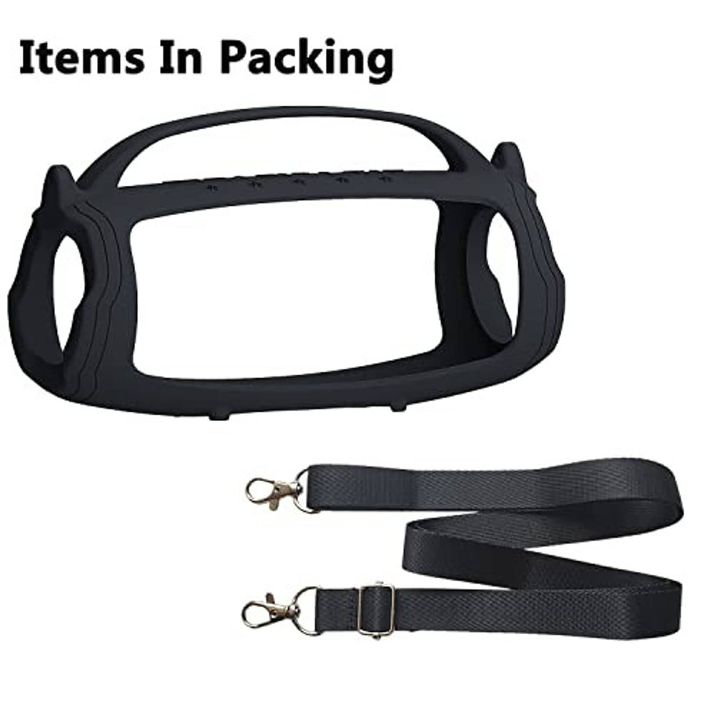 Black silicone speaker case with two-part design plus wrist strap and carabiners