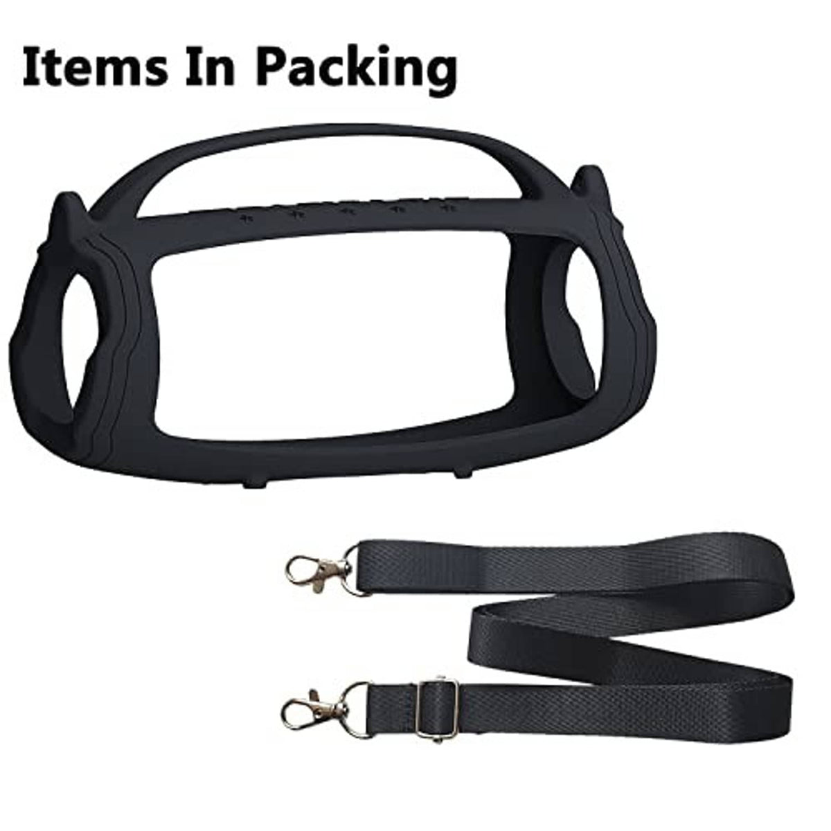 Black silicone speaker case with two-part design plus wrist strap and carabiners