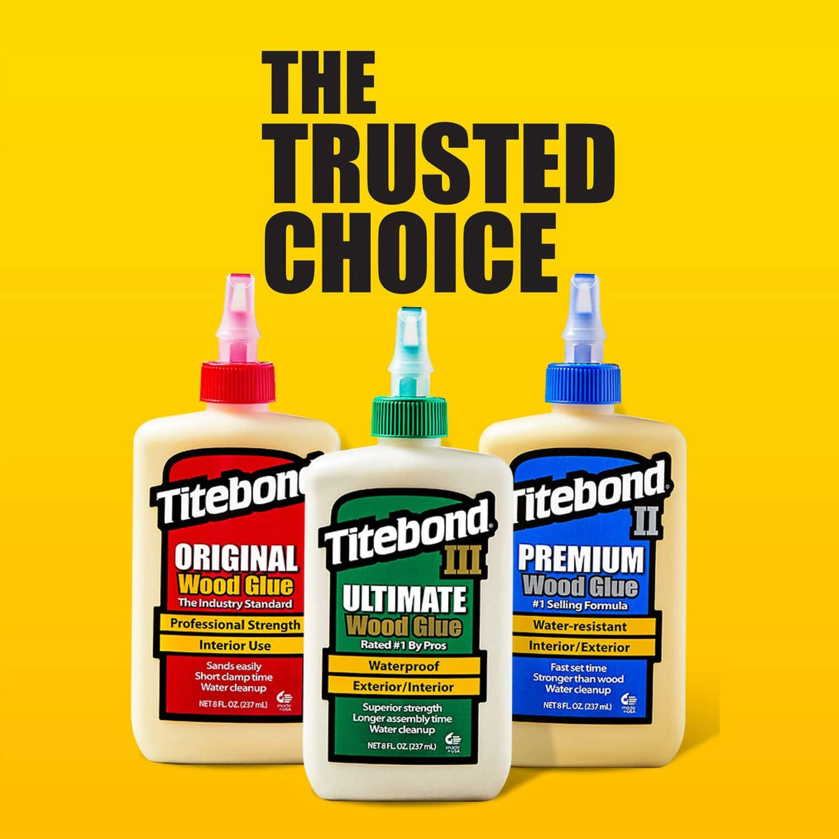Three Titebond II wood glue bottles: Original, Ultimate, and Premium variants