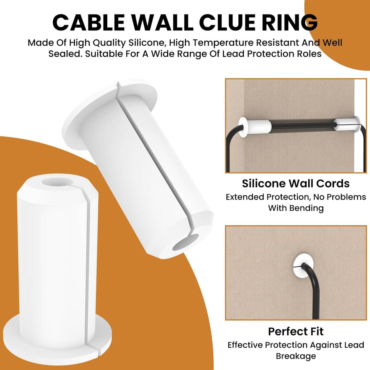 White cable wall pass-through ring with long flexible silicone sleeve and round opening