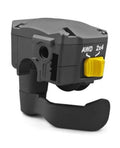 Black thumb throttle control lever assembly with yellow switch on ATV handlebar