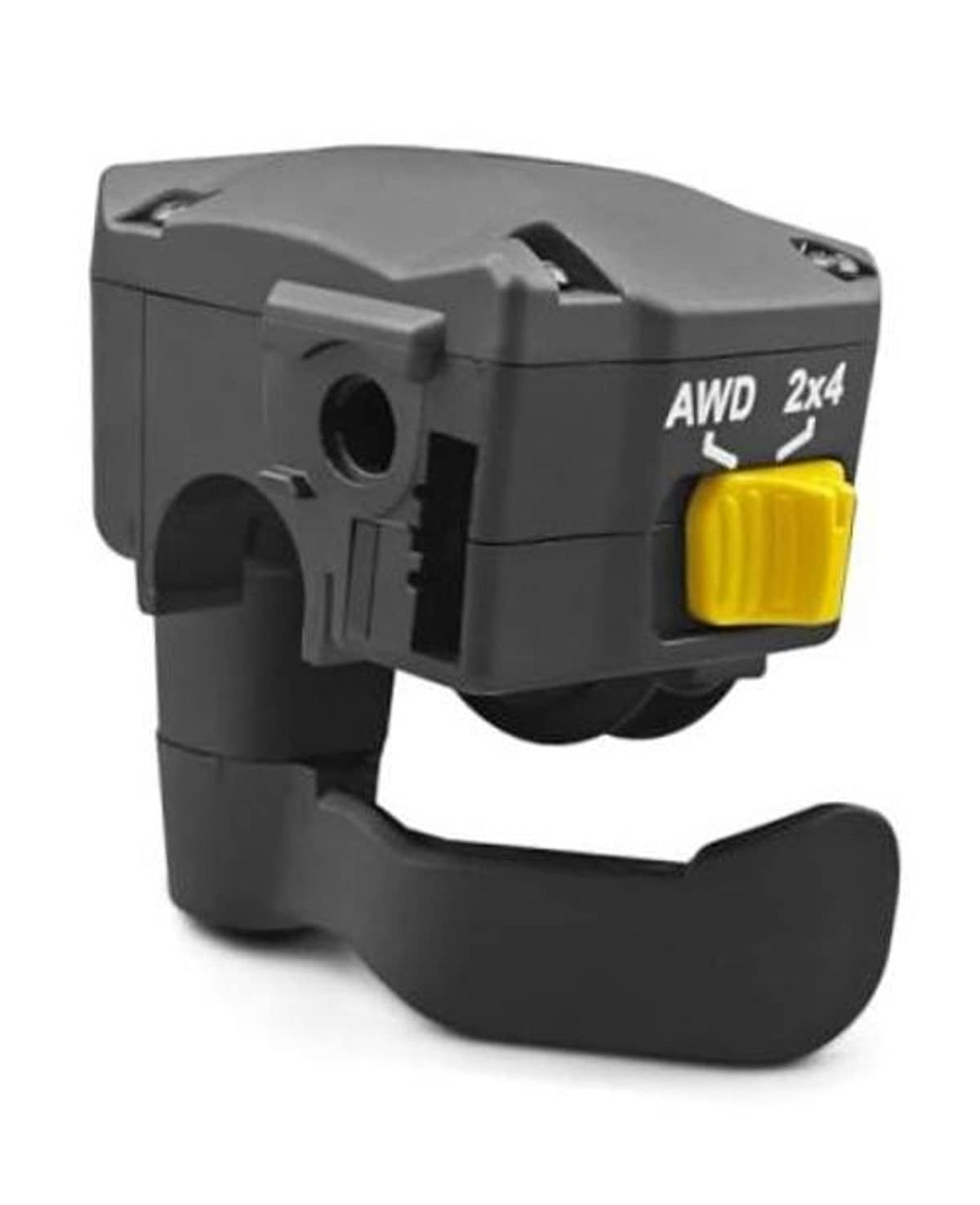 Black thumb throttle control lever assembly with yellow switch on ATV handlebar