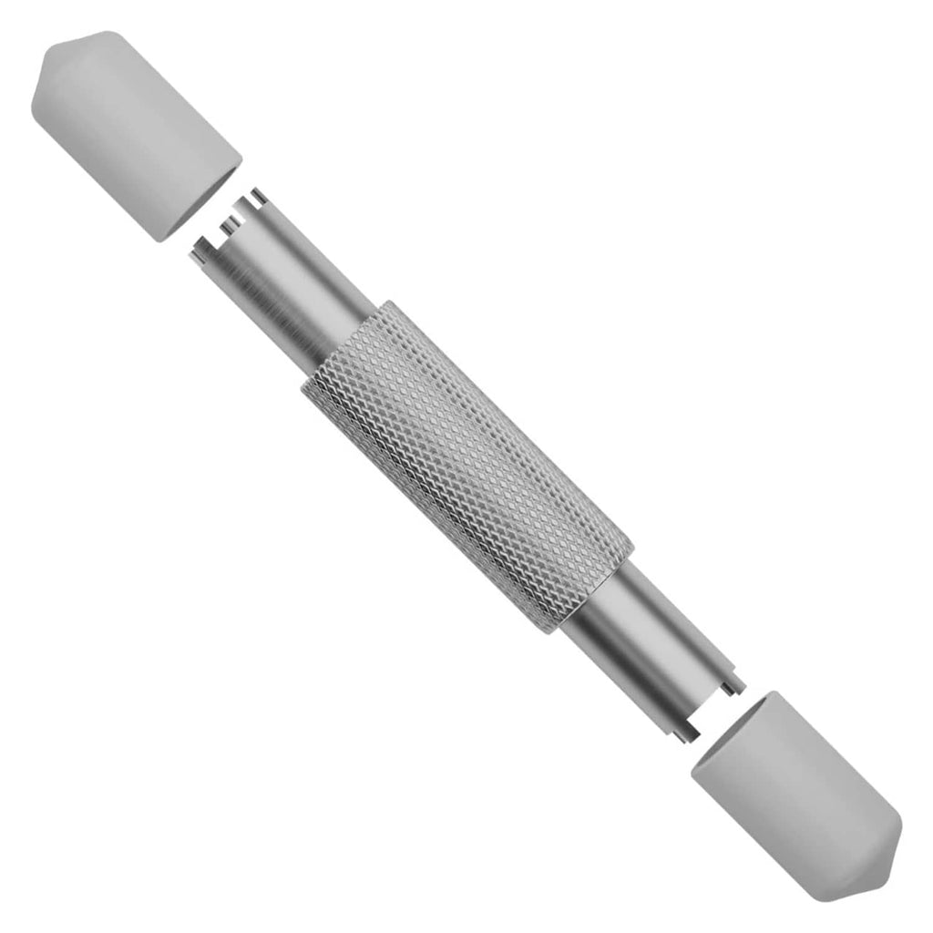 Front sight adjustment tool with rubber caps and knurled grip, side view of prong ends