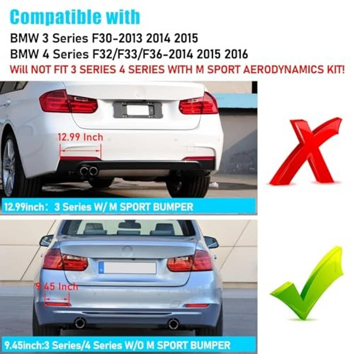Red rear bumper reflector lights on a white sedan rear, one on each side